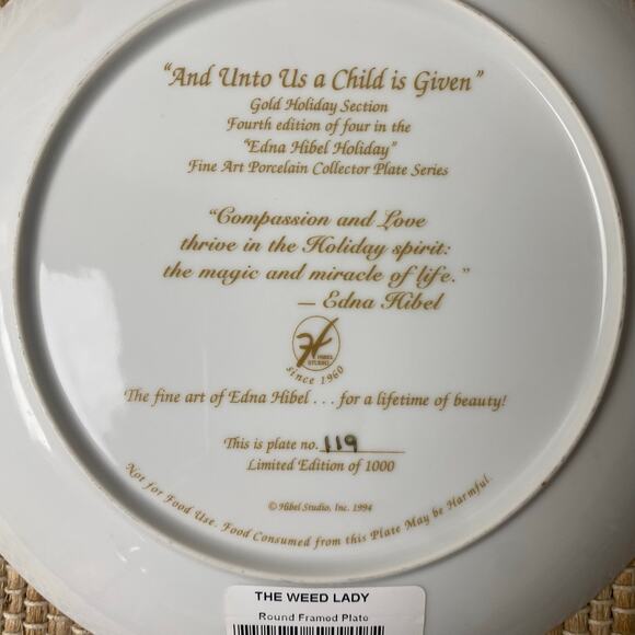Vtg Edna Hibel And Unto Us a Child is Given Porcelain Plate 1994 Wood Frame - Picture 9 of 14